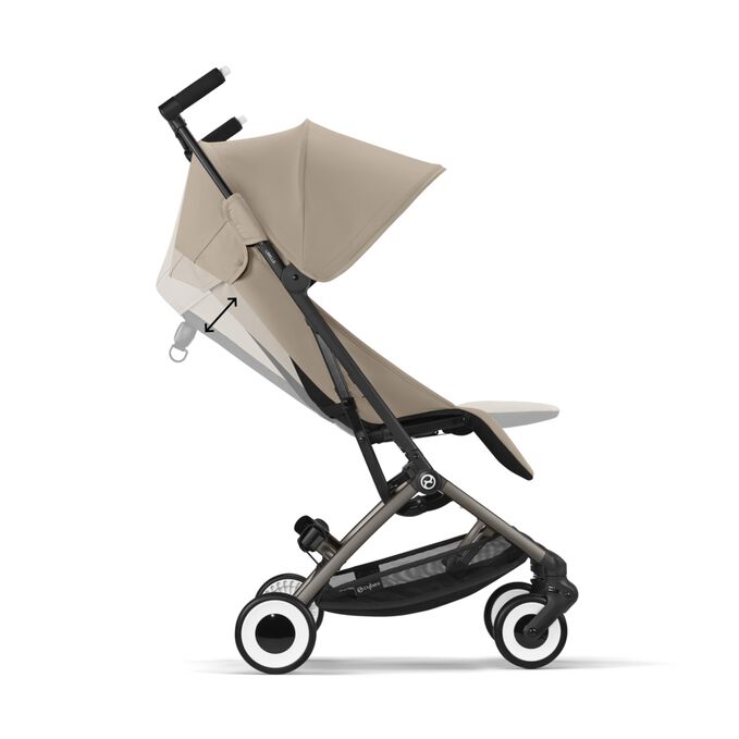 An image of the CYBEX Gold Libelle Buggy, highlighting the Infinite Recline & Adjustable Leg Rest feature.