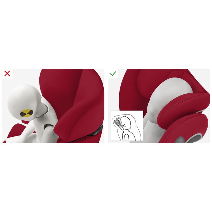 An image of the CYBEX Silver Solution B2-Fix + Lux Child Car Seat, highlighting the Helps to keep the child's head in a safe position feature.