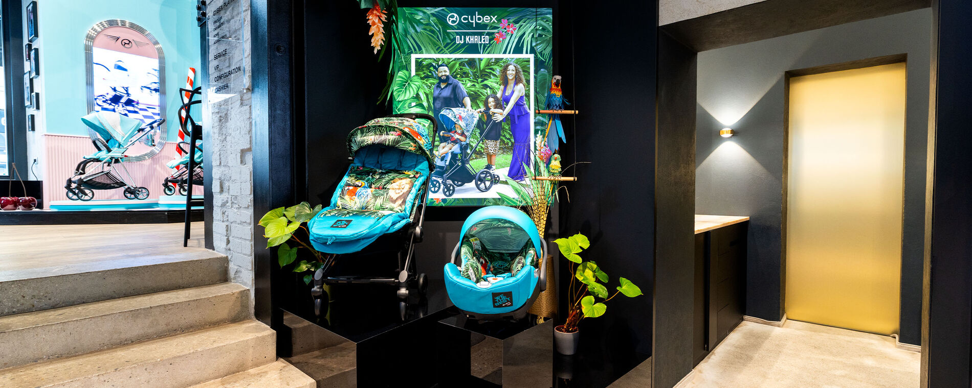 CYBEX DJ Khaled collection on display in the flagship store in Prague. On the left in the background, the Jeremy Scott Car collection.