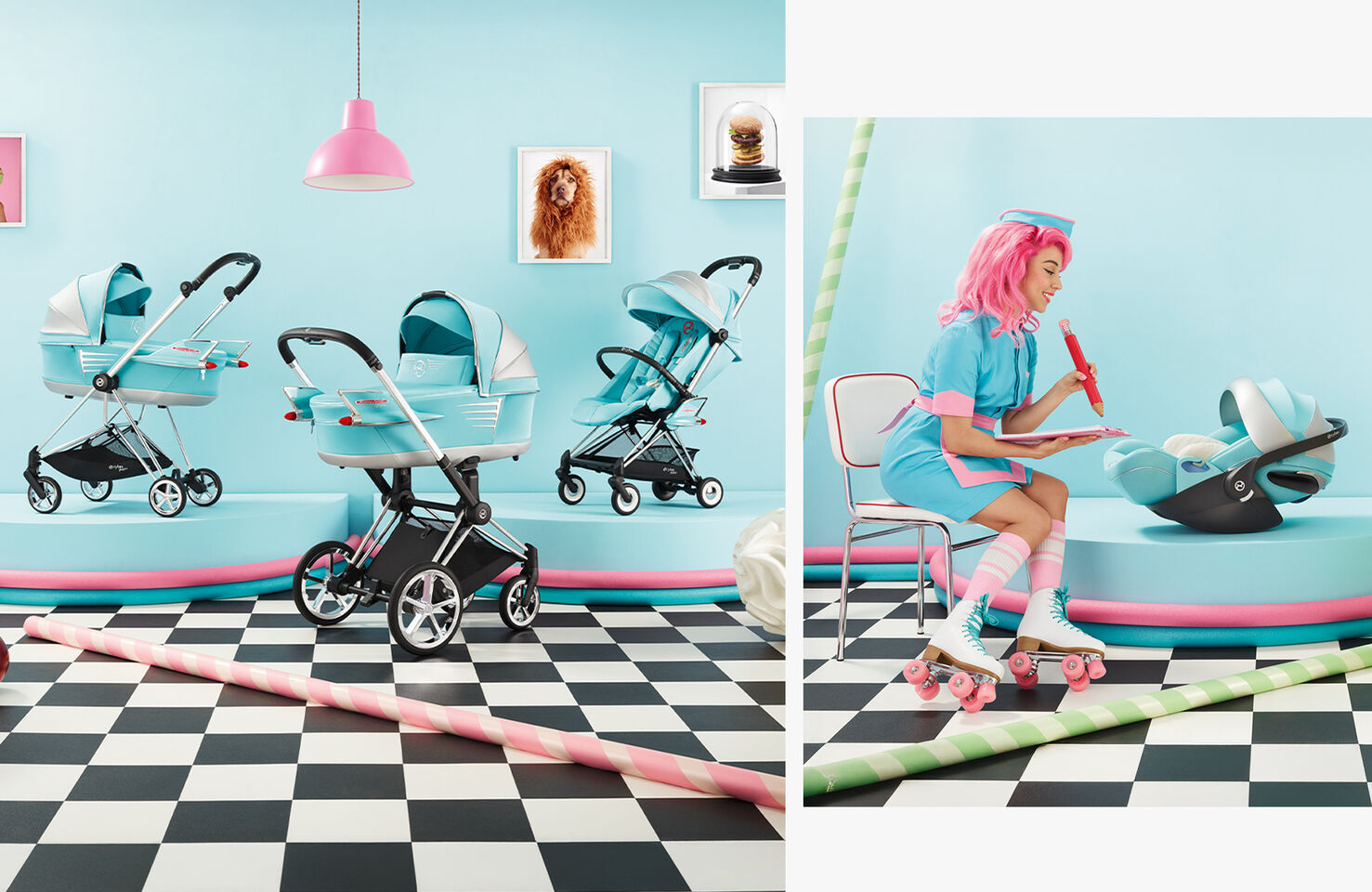 Two images. On the left, three strollers of the CYBEX Car by Jeremy Scott collection, on the right, a woman dressed like she works in a diner next to a CYBEX Car Cloud T.
