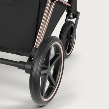 An image of the CYBEX Platinum Priam Frame - Style Collection Stroller, highlighting the All-Wheel Suspension feature.