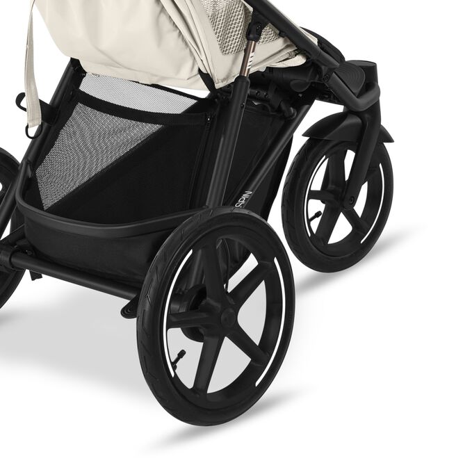 An image of the CYBEX Gold Avi Spin Stroller, highlighting the Wheel Quick Release For Front and Rear Wheels feature.
