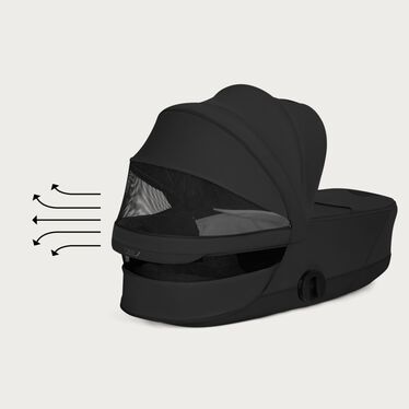 An image of the CYBEX Platinum Mios/Coya Fold Lux Carry Cot - Style Collection Stroller, highlighting the Panorama and Sky View Windows feature.