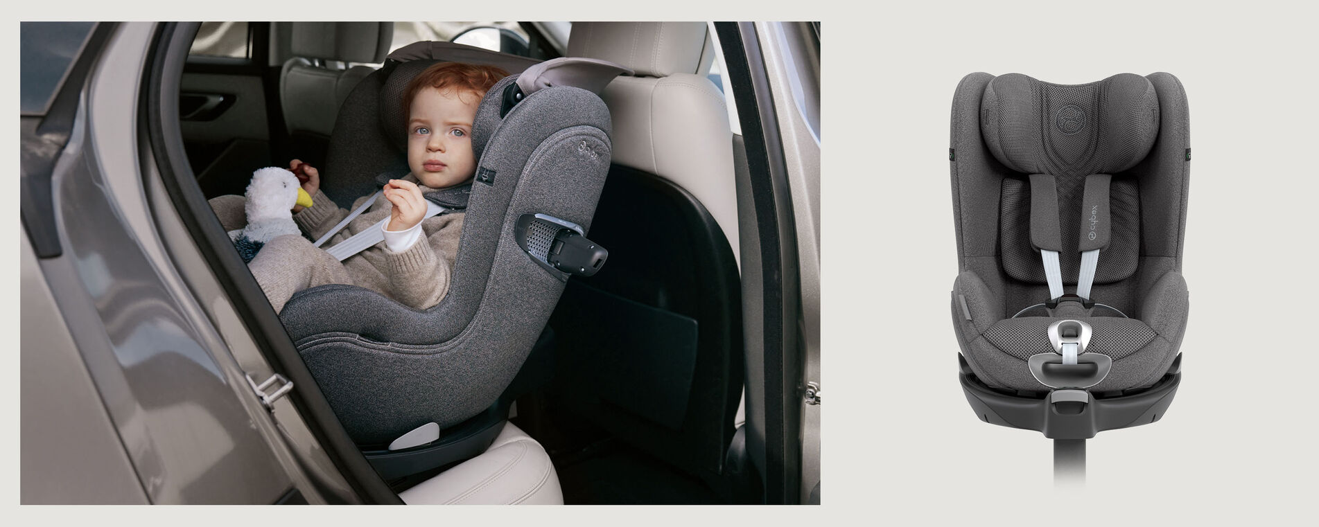 On the left, a child is sitting in a rear-facing Sirona T car seat inside a car. On the right, a product image of the Sirona T car seat.