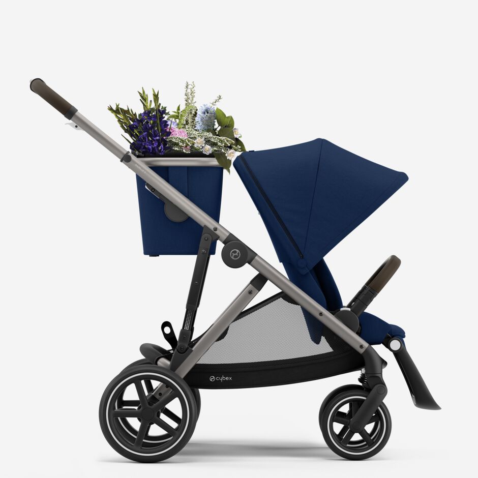 An image of the CYBEX Gold Gazelle S Sibling Stroller, highlighting the Two Shopping Baskets feature.