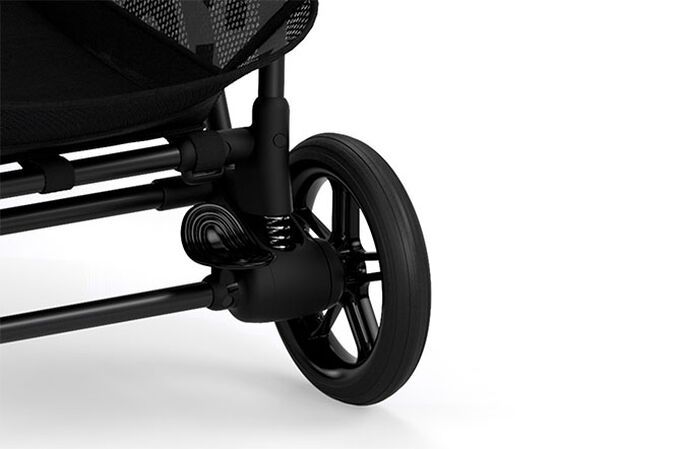 An image of the CYBEX Gold Melio Street Stroller, highlighting the Wheel suspension feature.