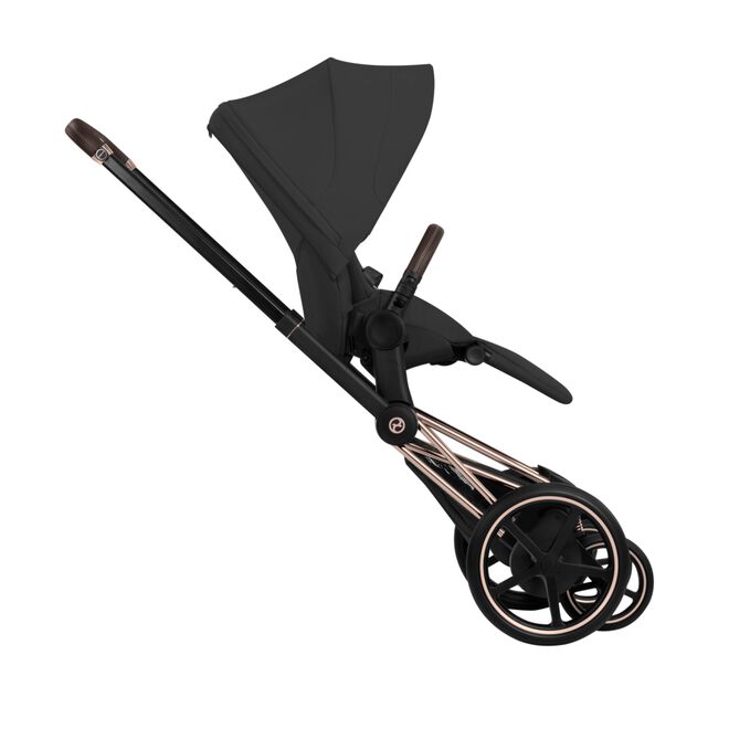 An image of the CYBEX Platinum e-Priam Frame - Style Collection Stroller, highlighting the Two-Wheel Mode feature.