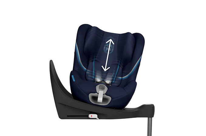 An image of the CYBEX Gold Sirona S i-Size Toddler Car Seat, highlighting the Height-adjustable headrest feature.
