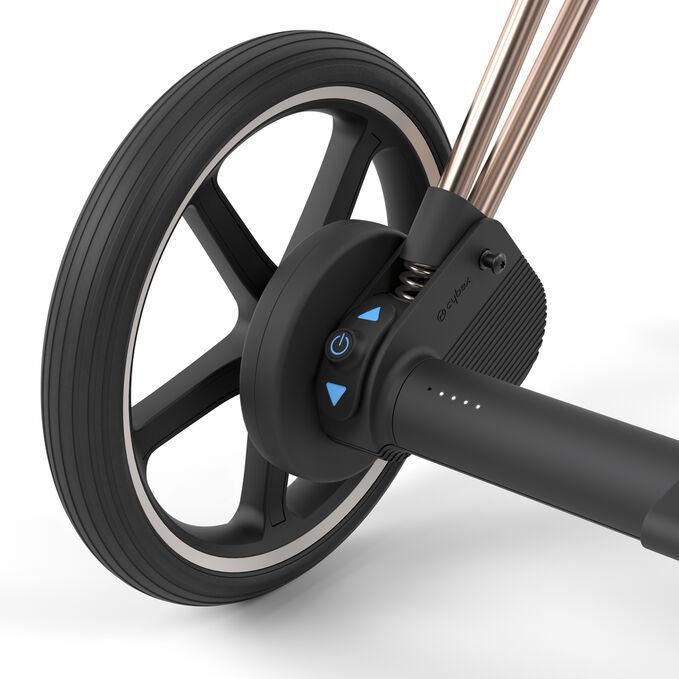 An image of the CYBEX Platinum e-Priam Frame Stroller, highlighting the Seamless Tech Integration feature.