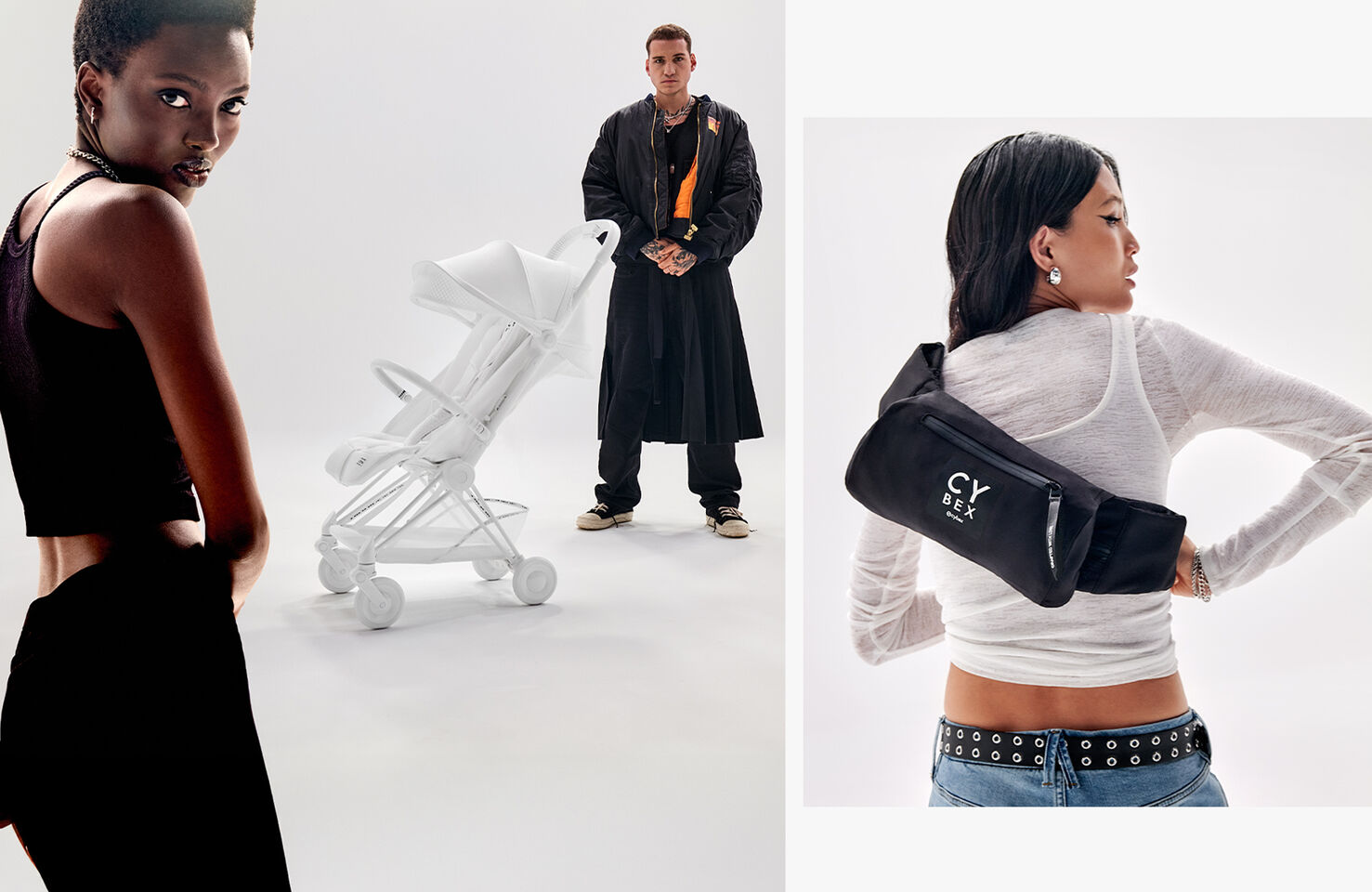 On the left image, a woman, an Urban Mobility Coya in the middle and a man on the right, in the right picture, a woman has her back turned and wears an Urban Mobility belt bag.
