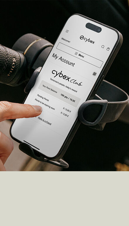 Image of a phone with the CYBEX website open. It shows the My Account tab of CYBEX Club. 