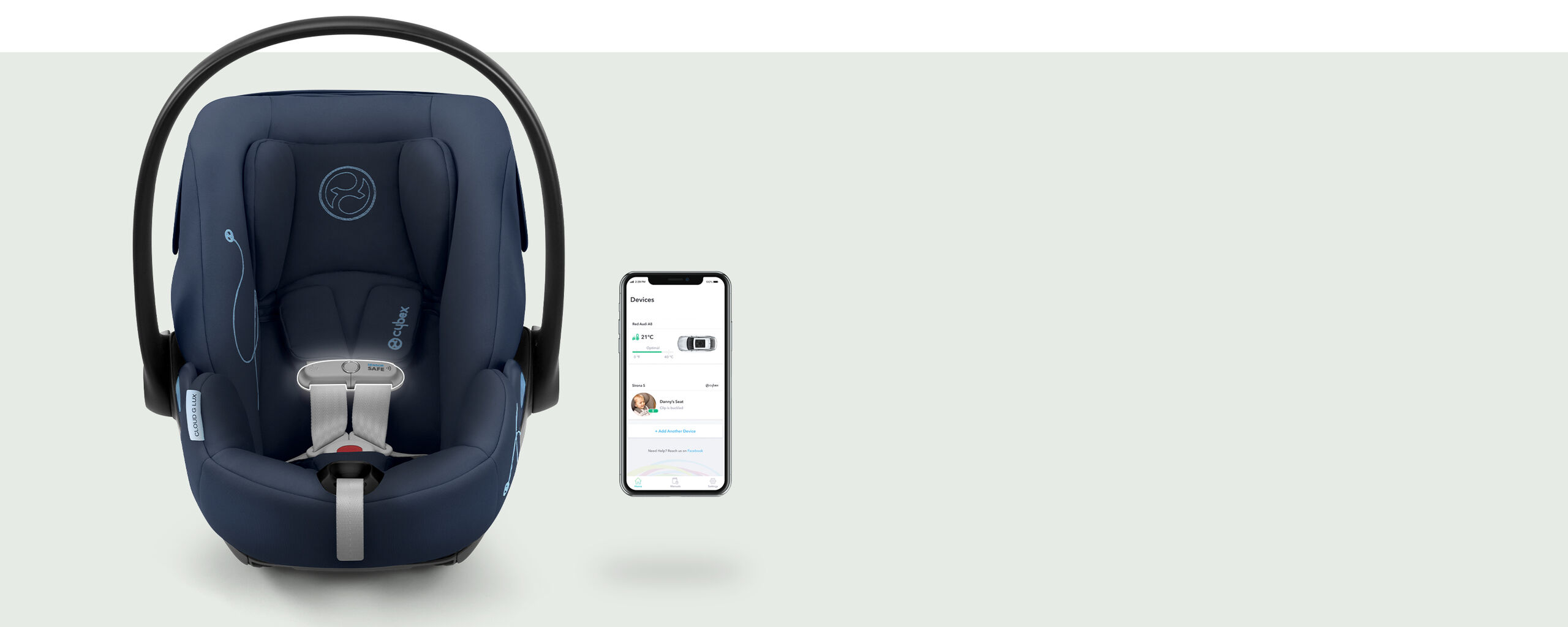 Blue Cloud G reclining infant car seat with a smartphone displaying an open app.