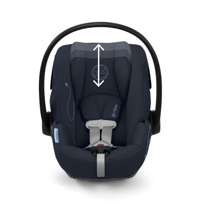 An image of the CYBEX Gold Cloud G Infant Car Seat, highlighting the 12-Position Adjustable Headrest feature.