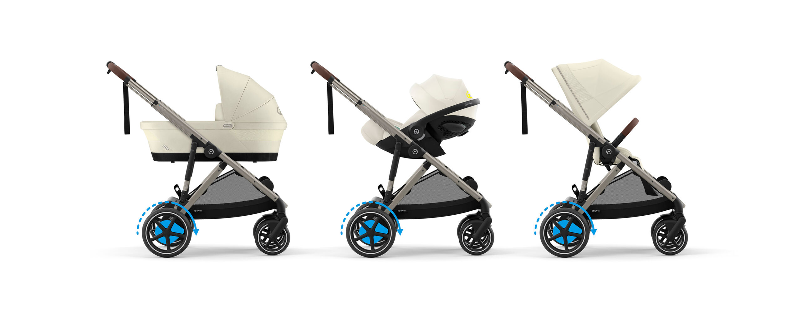 A modern stroller featuring three different positions: lying position, sitting position, and reverse sitting position, equipped with large, sturdy wheels.
