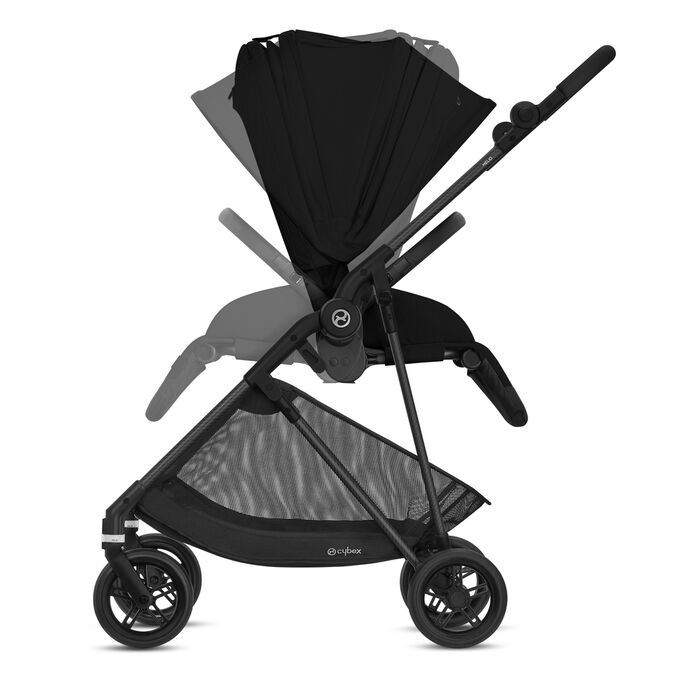 An image of the CYBEX Gold Melio Carbon Stroller, highlighting the Reversible seat unit feature.