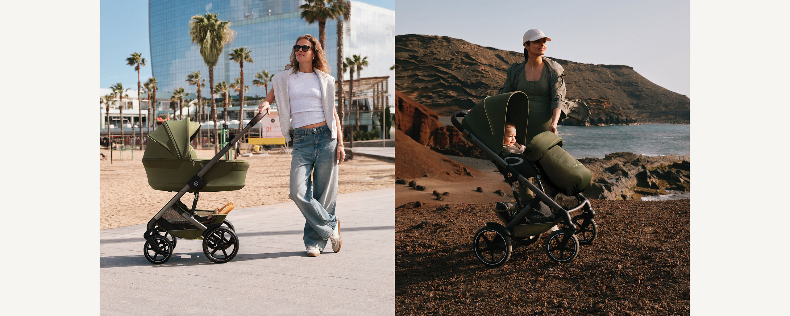 CYBEX stroller duo &ndash; mother holding baby beside two strollers outdoors, one with toddler seat, one with carrycot, in sunny urban scenery