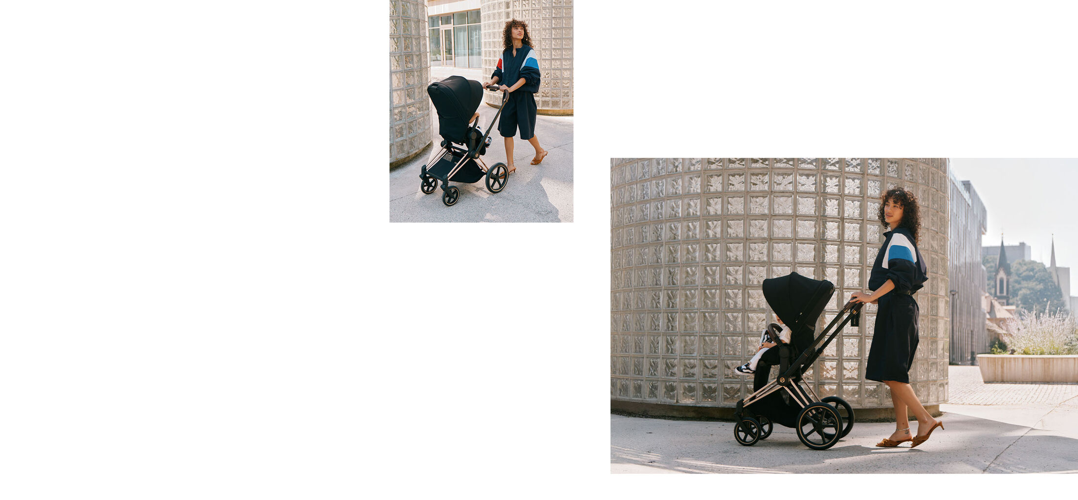 Two images of a mother with her child. In one, she is pushing her child in a CYBEX stroller, in the other, she is helping him to walk.