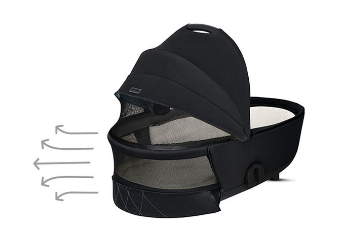 Obraz CYBEX Platinum Gondola Mios 2 Lux Stroller, podkreślający funkcję Widok panoramiczny i widok na niebo.