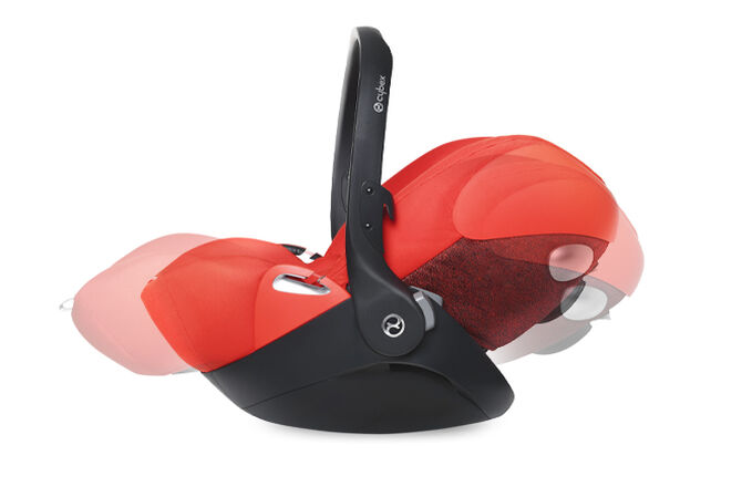 An image of the CYBEX Platinum Cloud Q with Base Infant Car Seat, highlighting the Full Recline Position feature.