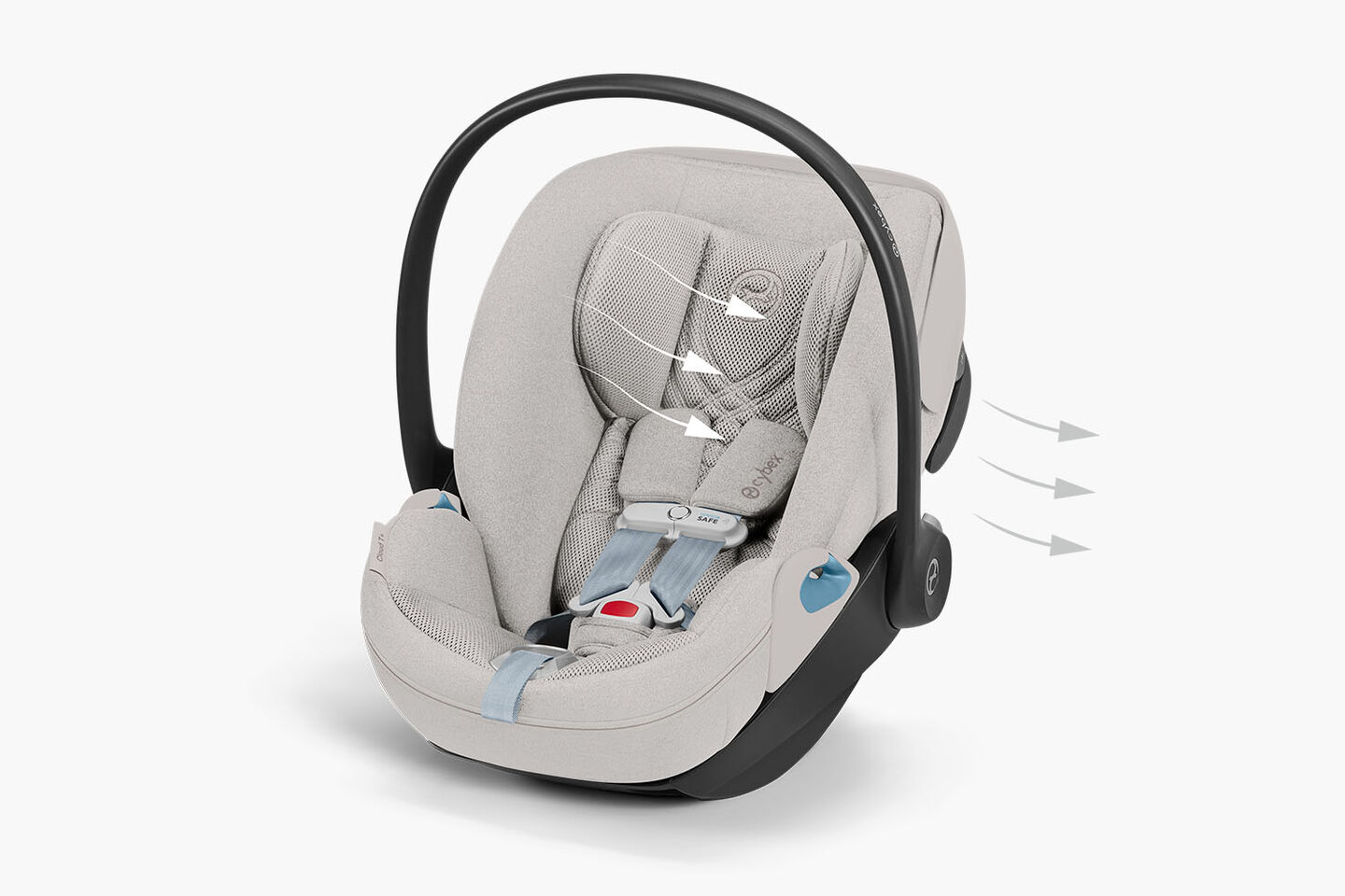 Close-up of a CYBEX infant car seat with arrows pointing to the right, showcasing the in-shell air ventilation.