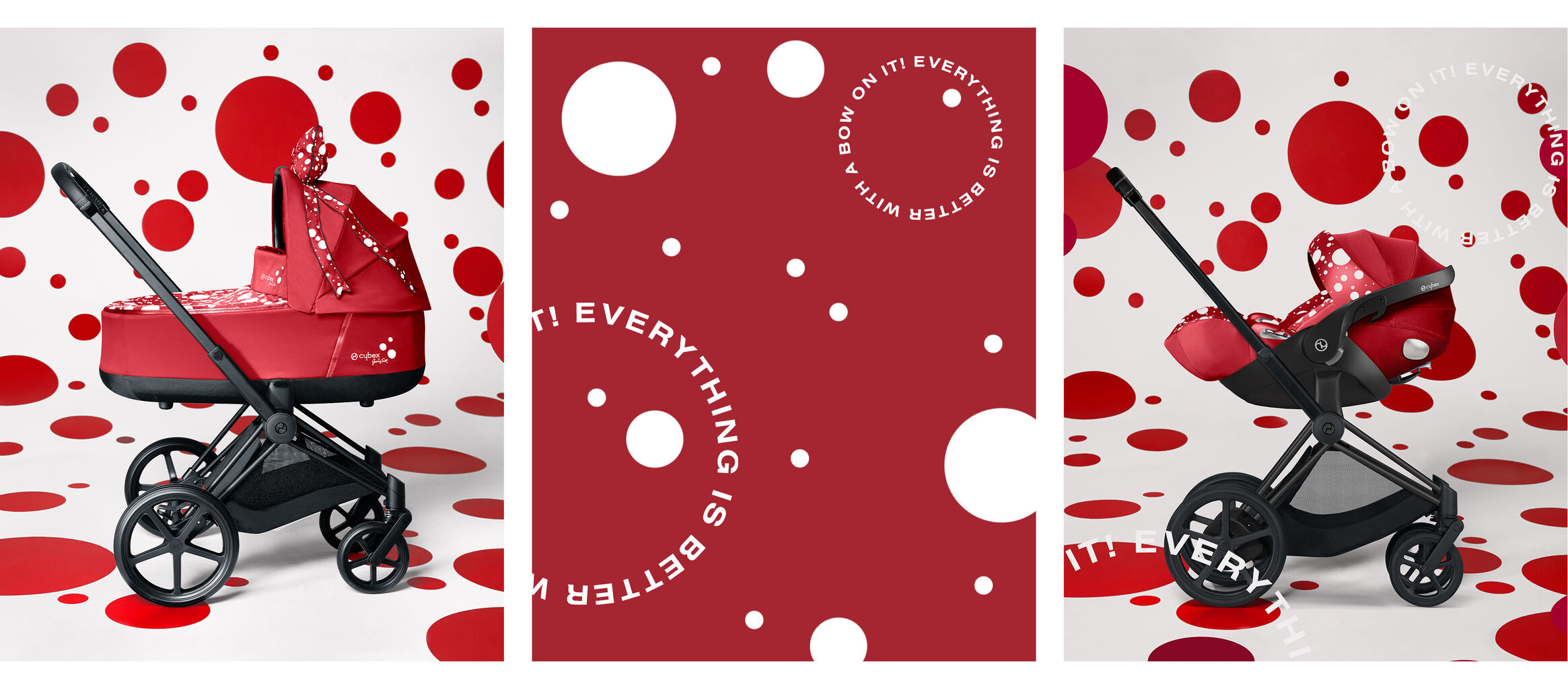 Red pram with white polka dots and the text "Everything is better with a bow on it" in the background.
