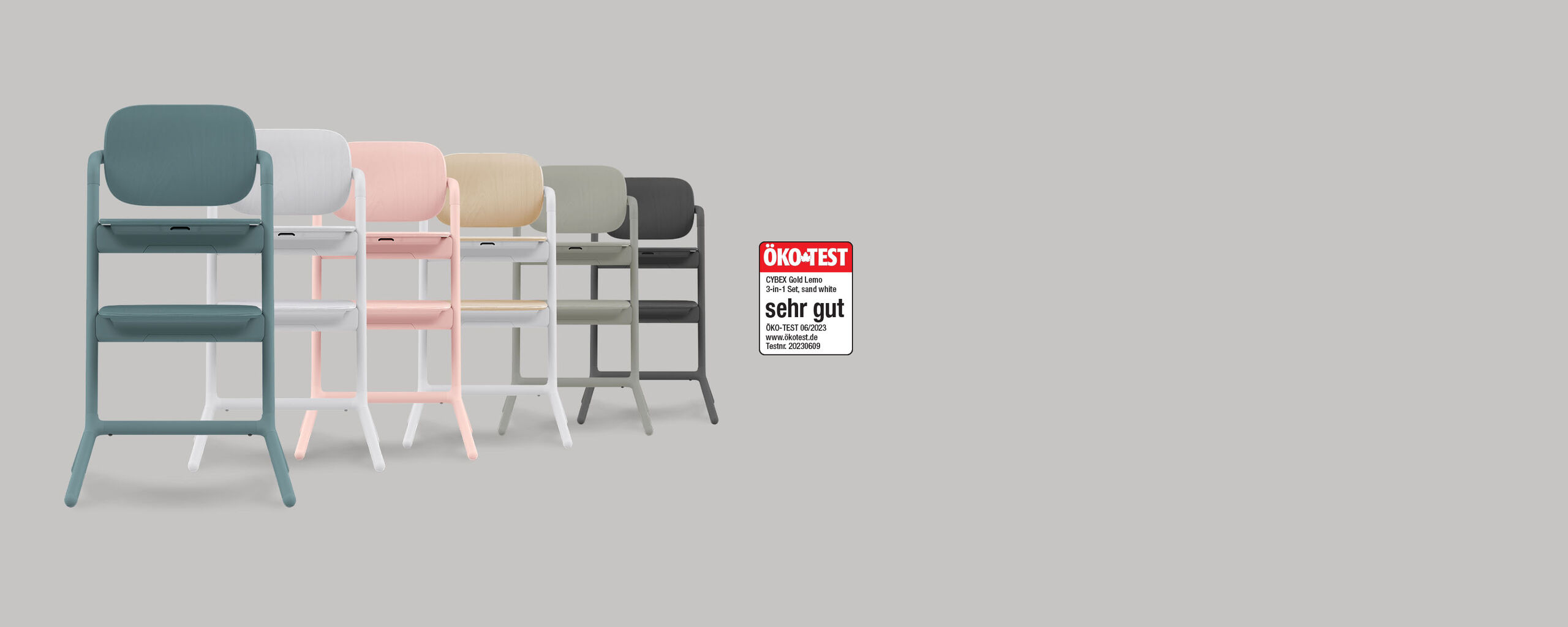 Chairs in various colours against a grey background with an &Ouml;KO-TEST seal showing a "very good" rating.