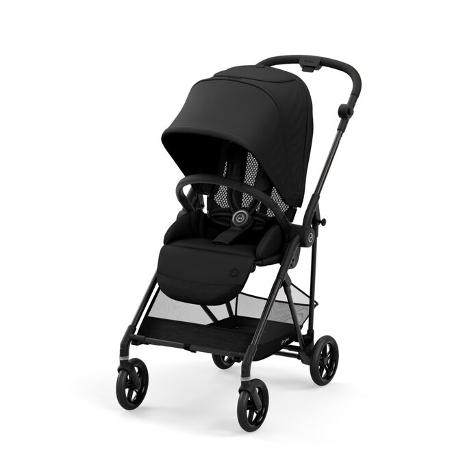 Ein Bild des CYBEX Gold Melio 1 Carbon Stroller, das das Merkmal Atmungsaktive Rückenlehne hervorhebt.
