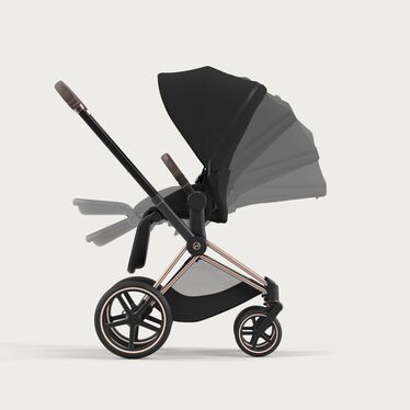 An image of the CYBEX Platinum Priam Frame Stroller, highlighting the One-hand recline and fold feature.