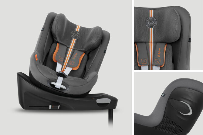 Sirona Gi car seat, 360-degree rotatable with Isofix, in grey and orange.