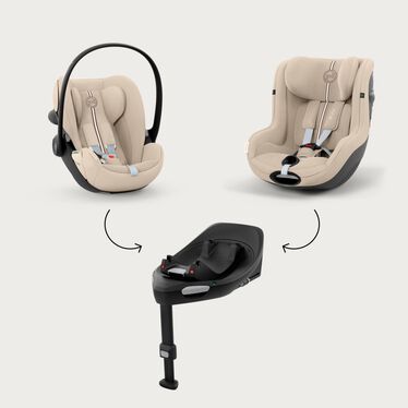 Obrázek CYBEX Gold Base G3 ISOFIX Base, který zvýrazňuje funkci Jedna základna – dvě sedačky.