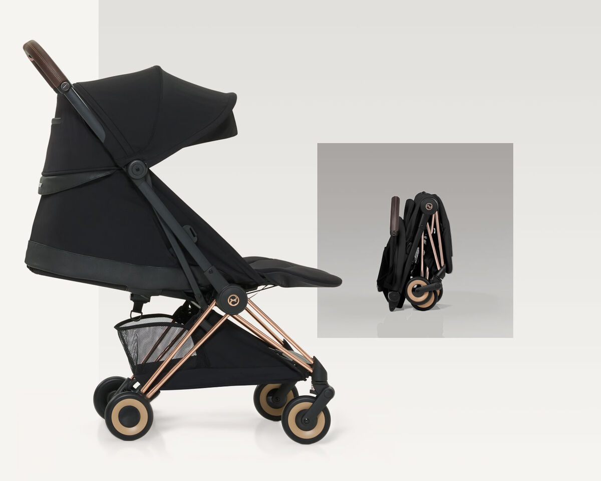 Dwa zdjęcia w&oacute;zka spacerowego Coya. Po lewej widok od przodu, skierowany w stronę użytkownika, po prawej &ndash; złożony.