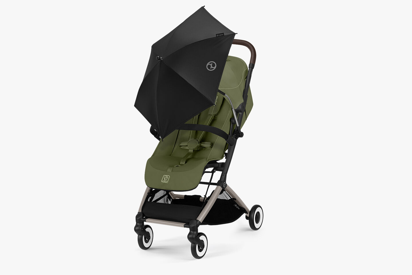 Compact travel stroller Orfeo in olive green, featuring a black sunshade
