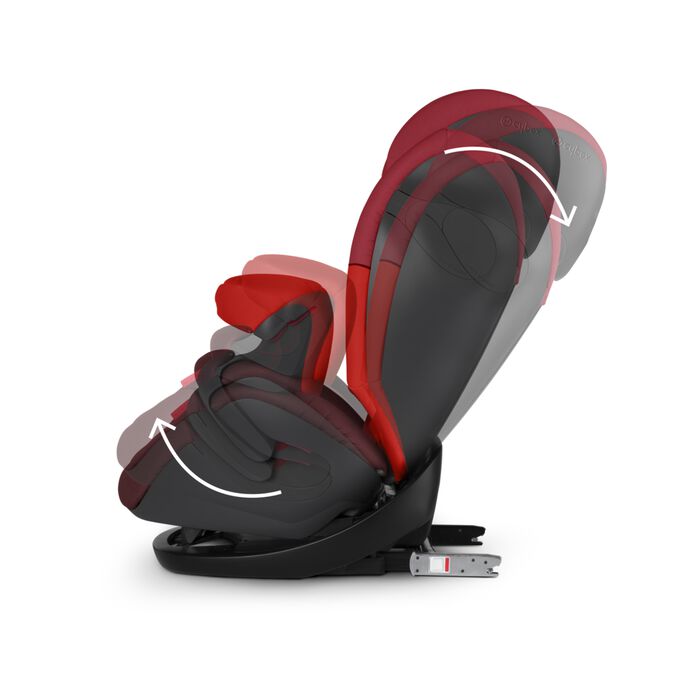 An image of the CYBEX Silver Pallas M-Fix Toddler Car Seat, highlighting the Comfortable one-hand recline function feature.