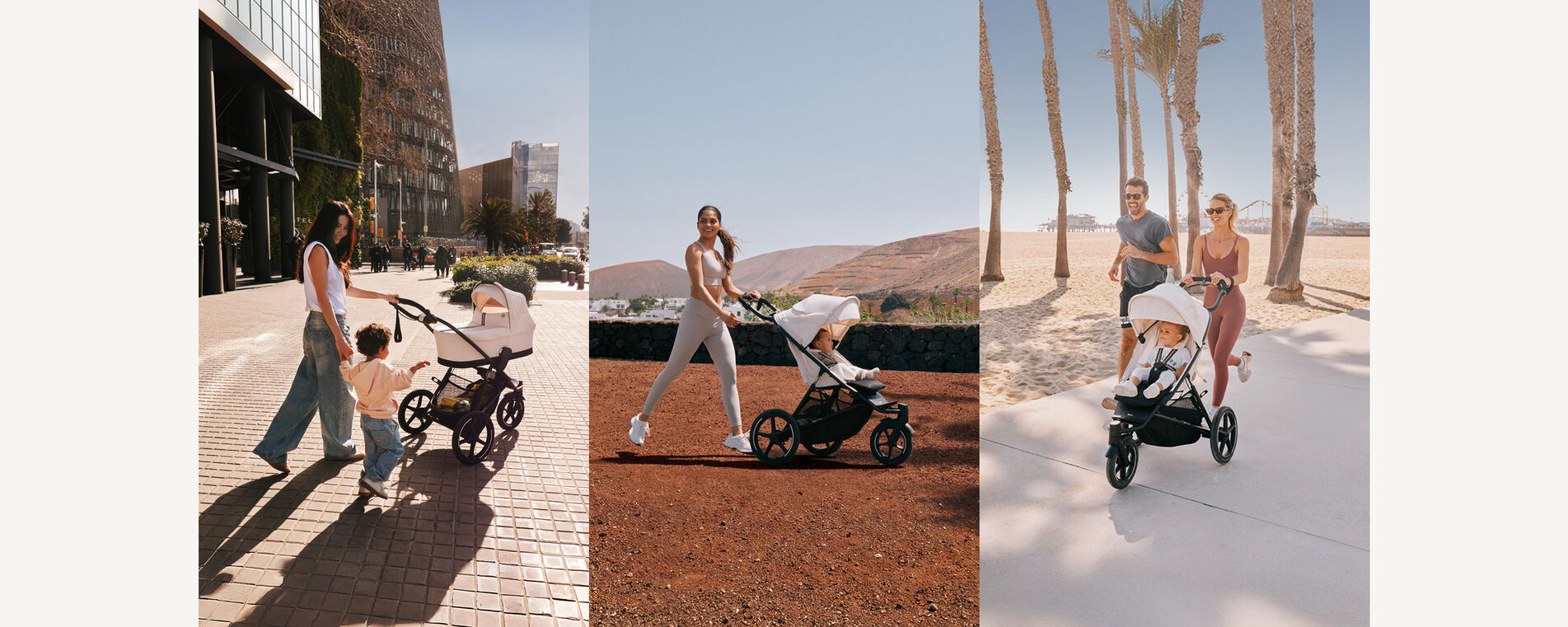 Three images next to each other, always a parent with an Avi Spin stroller, either with a Cot on the left, or with a seat pack in the middle and the right.