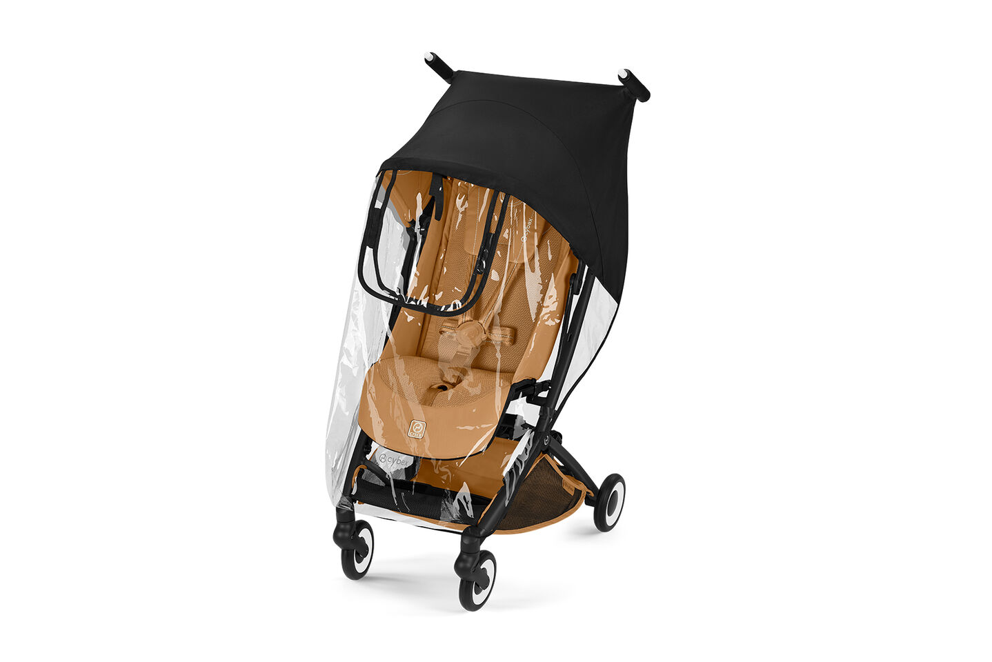 Product image of a Libelle buggy with a rain cover attached.