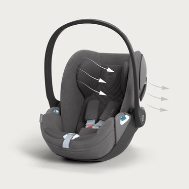 An image of the CYBEX Platinum Cloud T i-Size Infant Car Seat, highlighting the Optimal breathability feature.