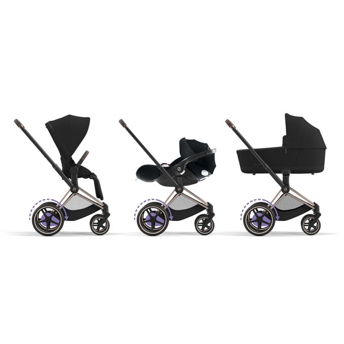 An image of the CYBEX Platinum e-Priam Jeremy Scott - Car Stroller, highlighting the Travel System Ready feature.