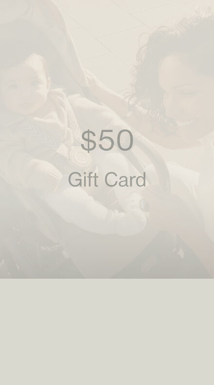 CYBEX $50 Gift Card featuring a mother smiling at her baby seated in a car seat, with &ldquo;$50 Gift Card&rdquo; text displayed prominently.
