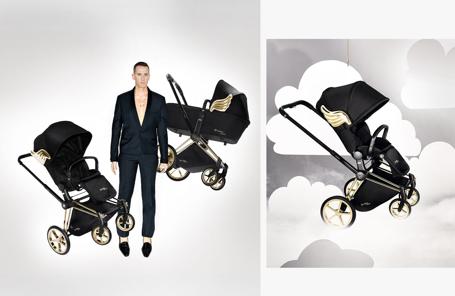 Two pictures. On the left, Jeremy Scott is in in the middle, two Jeremy Scott Wings strollers next to him. On the right, a Jeremy Scott Wings Priam floats with clouds behind it.