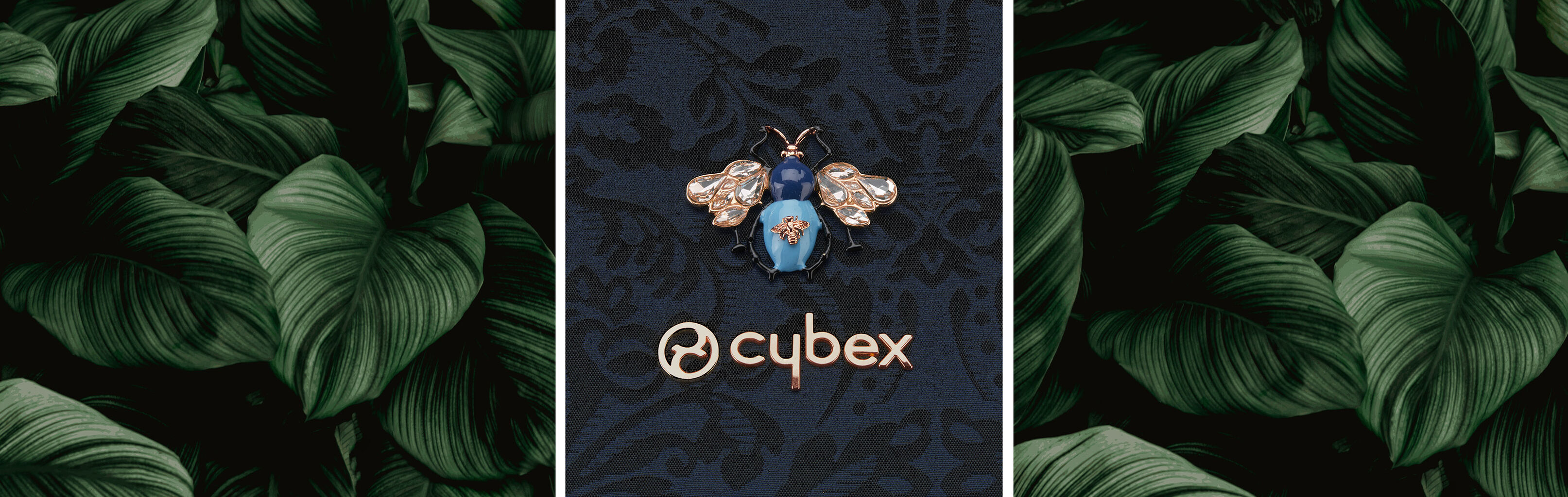 A blue and gold insect design on a dark patterned background with the Cybex logo below.