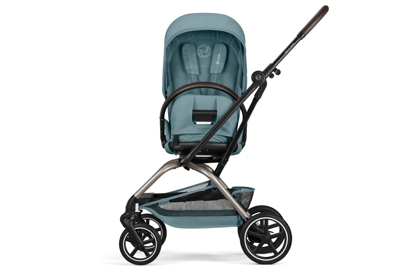 Eezy S Twist +2 stroller in Stormy Blue, featuring a modern design and adjustable seat for 360-degree use.