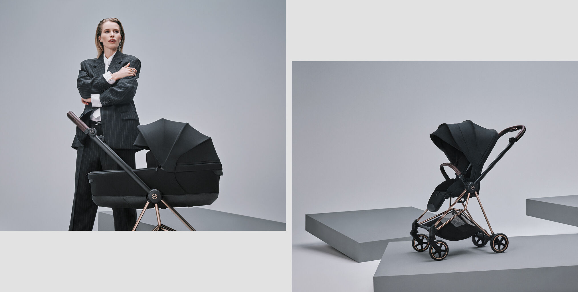 Two images. On the left, a woman with her arms crossed behind a Mios Style stroller with a Cot attached, on the right, a Mios Style with a Seat Pack attached.