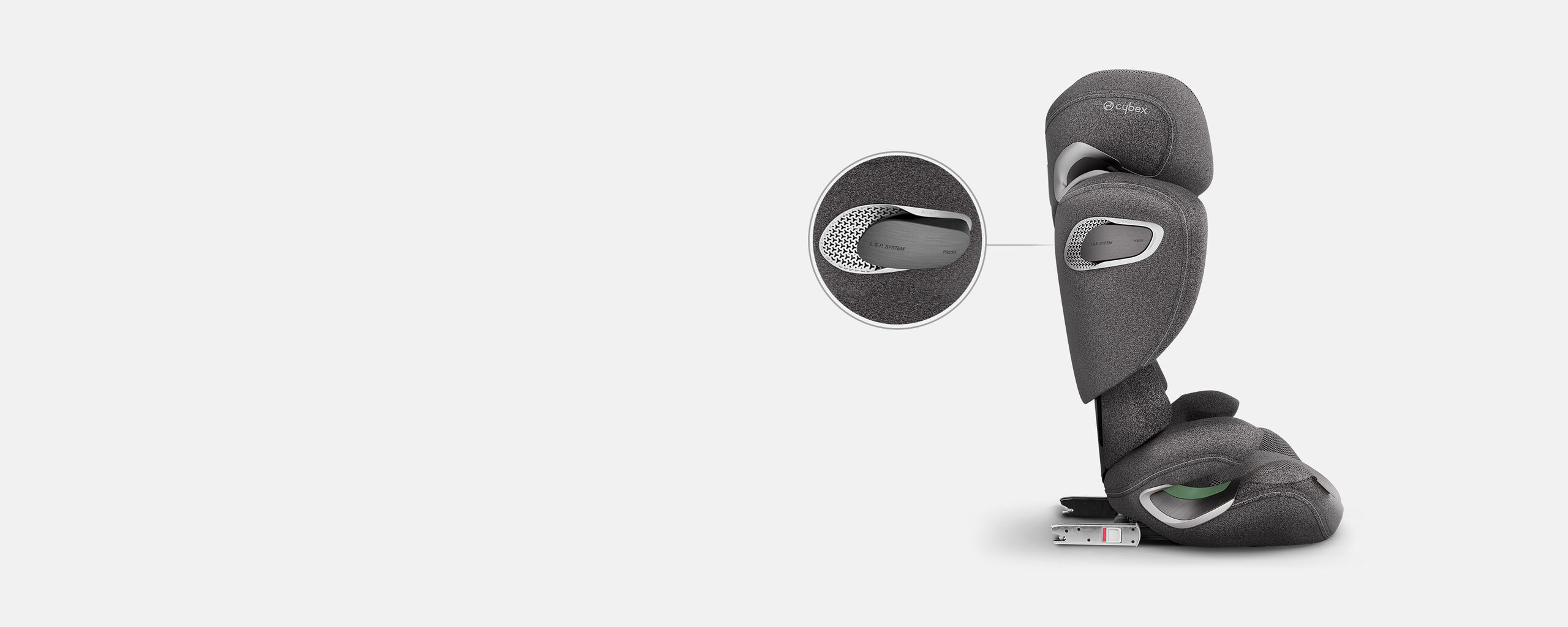 Side view of Solution T car seat for children up to 12 years with focus on L.S.P. System.