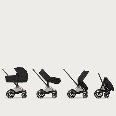 An image of the CYBEX Platinum Priam Stroller, highlighting the Folds Compact with Cot on Frame feature.