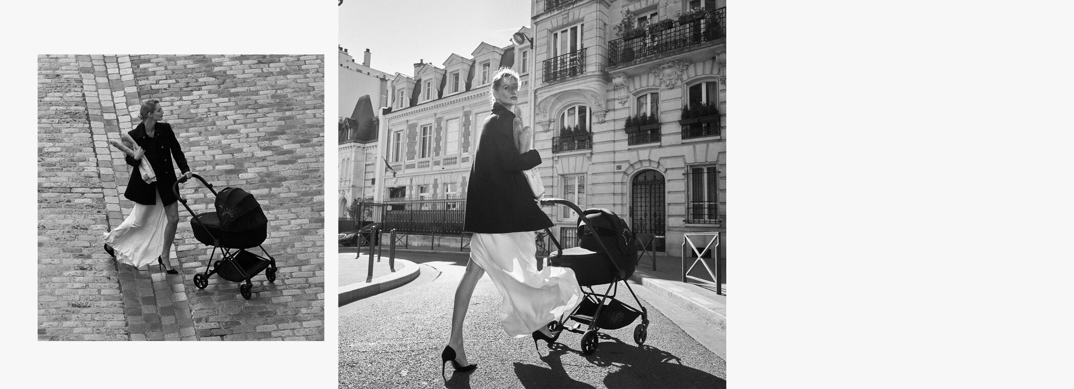 Twee afbeeldingen van een vrouw die door Parijs wandelt met haar La Parisienne kinderwagen en een stokbrood in haar andere arm.