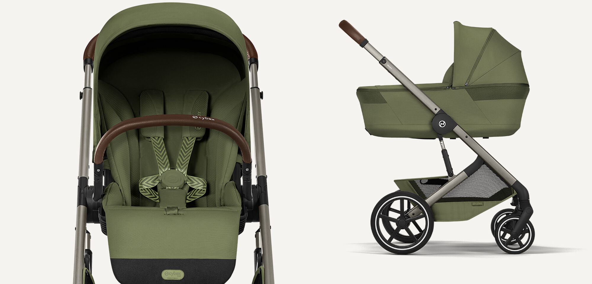 A Balios stroller with a seat pack (left) and a Cot (right) in Moss Green.