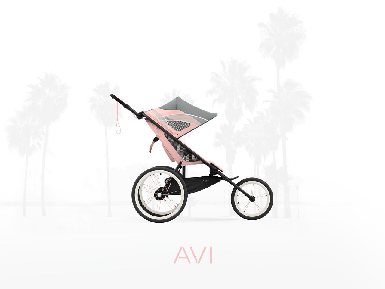 A pink three-wheeled stroller in front of a background with palm trees.