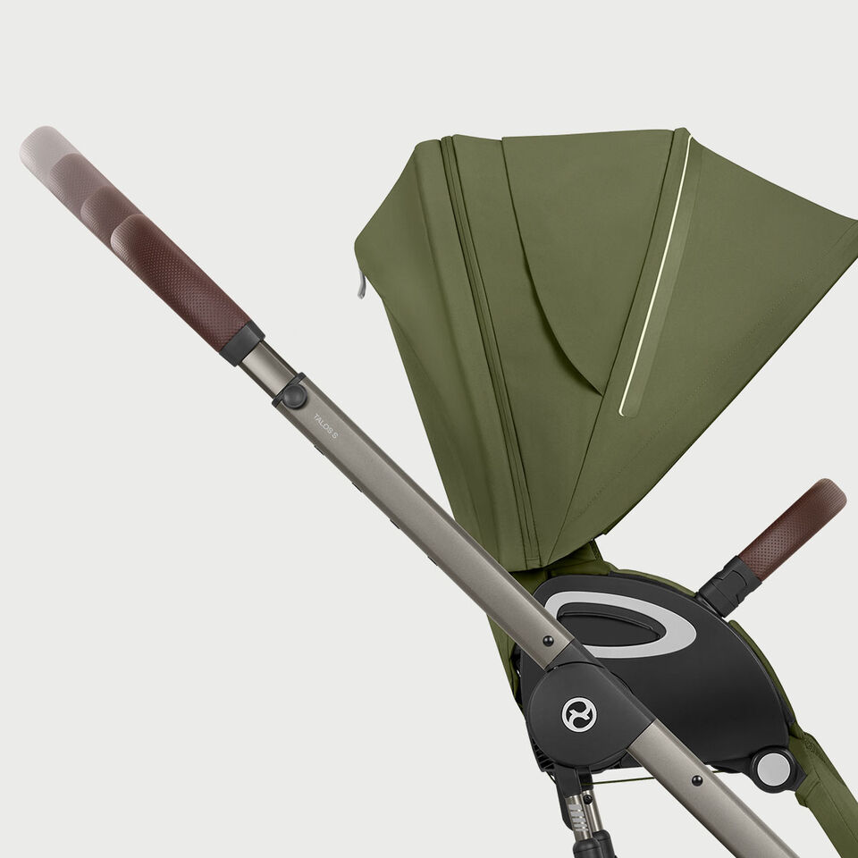 Close up of the adjustable handlebar of a Talos S Lux stroller.