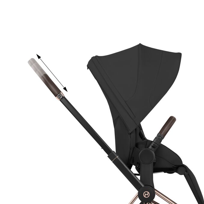 An image of the CYBEX Platinum Priam Frame - Style Collection Stroller, highlighting the One-Hand height adjustable handlebar feature.