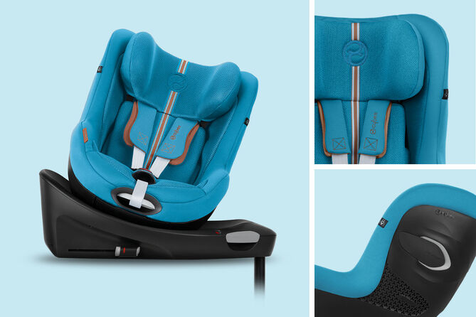 Sirona Gi 360-degree rotating car seat with Isofix in blue, highlighting design and padding details.